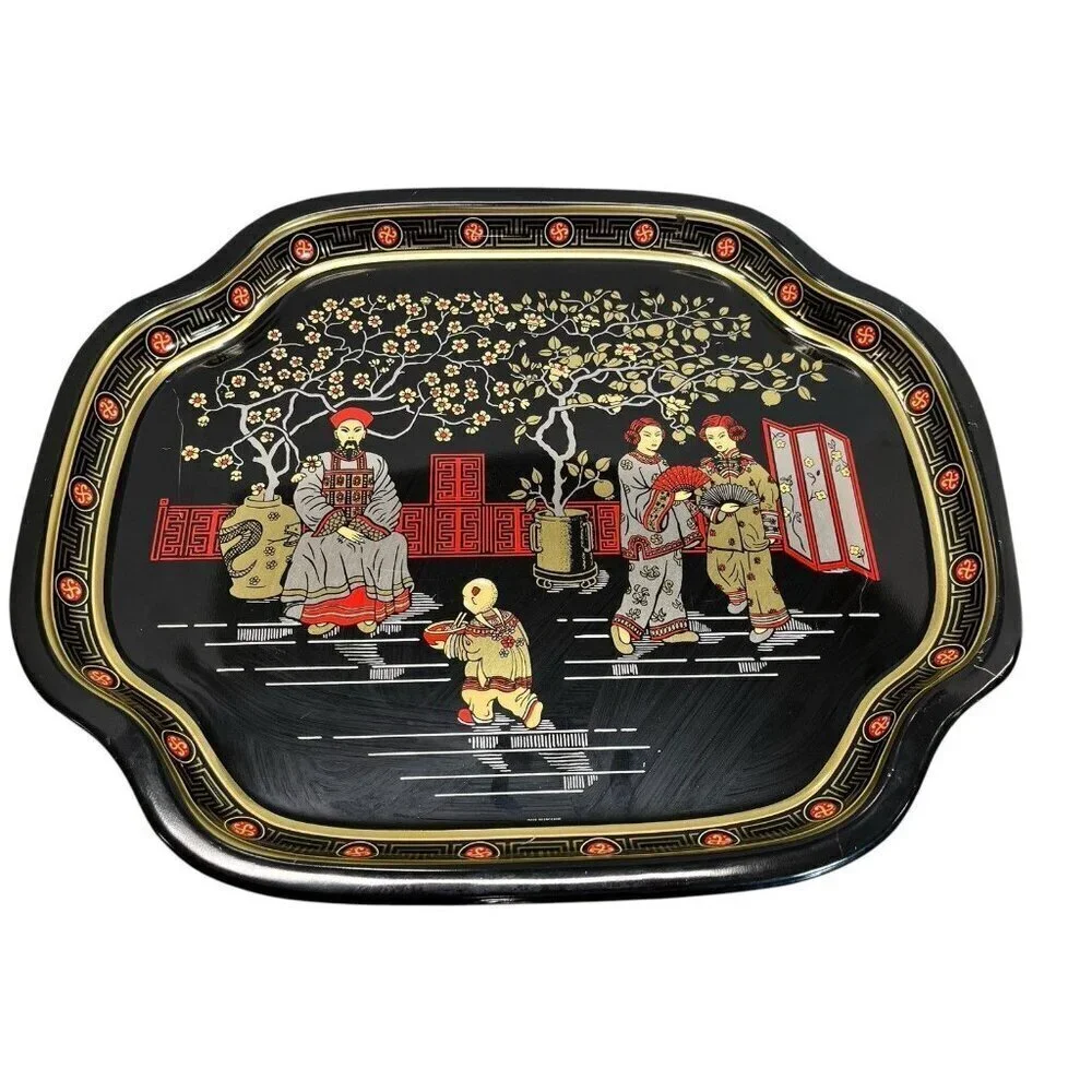 Vintage Asian Tin Serving Tray Made in England Chinese Emperor Throne Oriental
